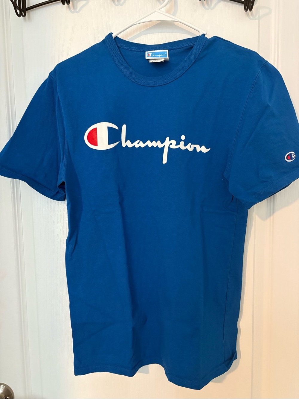 Champion Men's Royal Blue Script Logo Tee with Red Accent